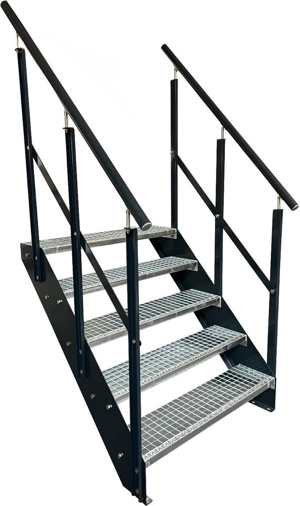 Gitterrost Stahl Wangentreppe 5 Stufen Verzinkt & Anthrazit Pulverlackierte Seiten + beidseitigem Geländer - (L x B x H) 101cm x 120cm x 95cm