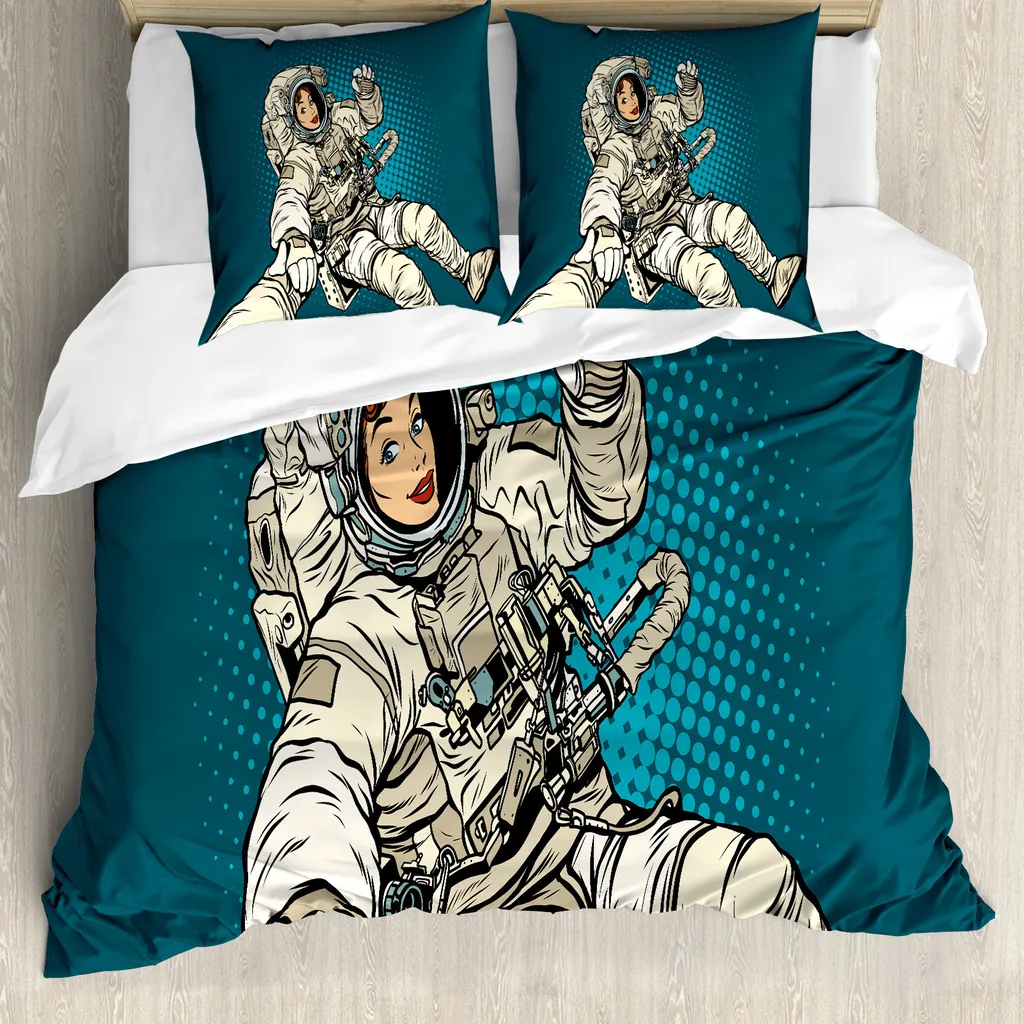 ABAKUHAUS Copripiumino Space, Astronaut Love in Space, antiacaro, adatto a chi soffre di allergie, con federe, 155 cm x 220 cm - 80 x 80 cm, beige blu