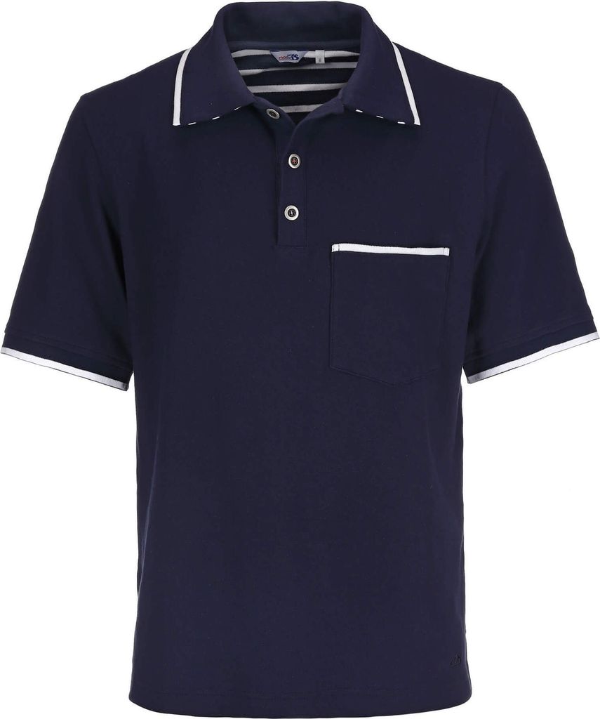modAS Herren Poloshirt mit Knopfleiste mit 3 Metall-Knöpfen - Unifarbenes T-Shirt mit Brusttasche in Marine Größe M