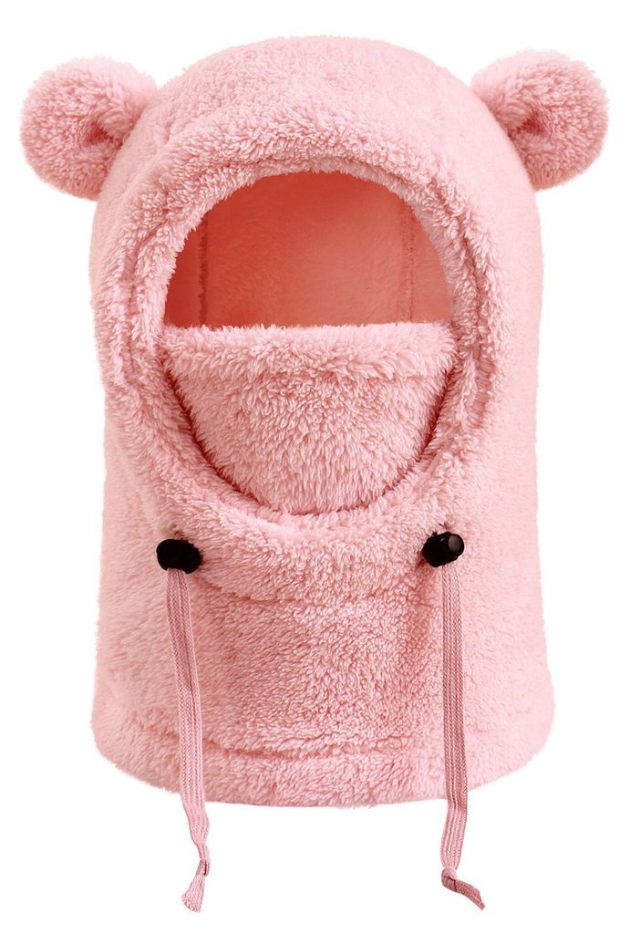 Kinder-Skimütze, einfarbig, mit Bärenohren-Dekor, 3-in-1-Gesichtsschutz, Schal, Kopfbedeckung, winddichte Fleece-Kopfbedeckung für kaltes Wetter...