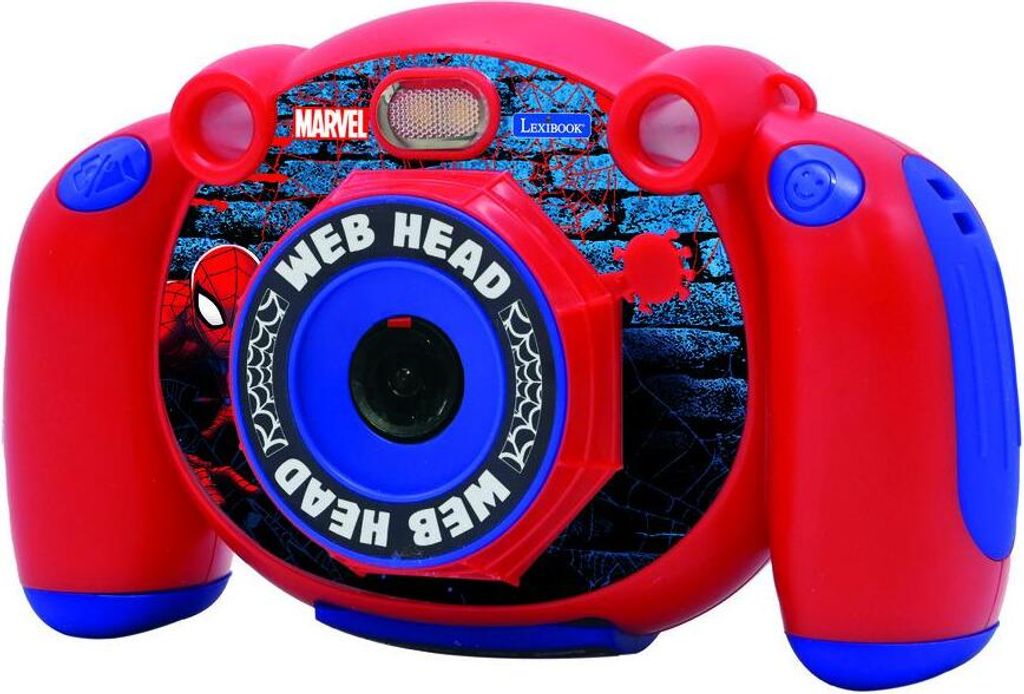 A close-up, front-facing studio shot of a child's Spider-Man themed digital camera.