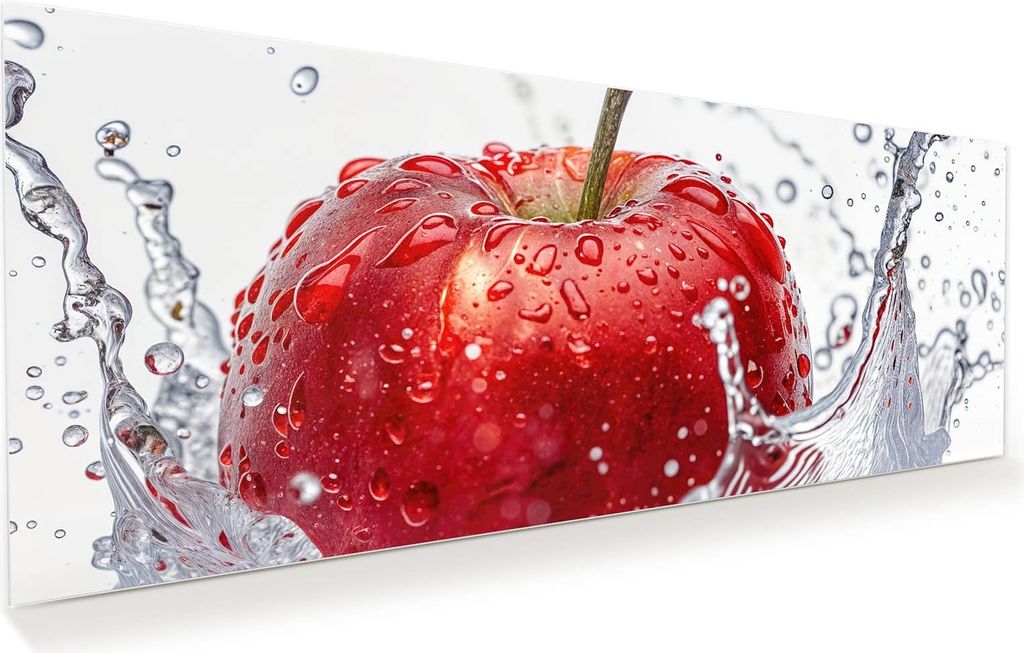 Glasbild 100x40cm in XXL für Wohnzimmer, Schlafzimmer Motiv Spritzender Apfel