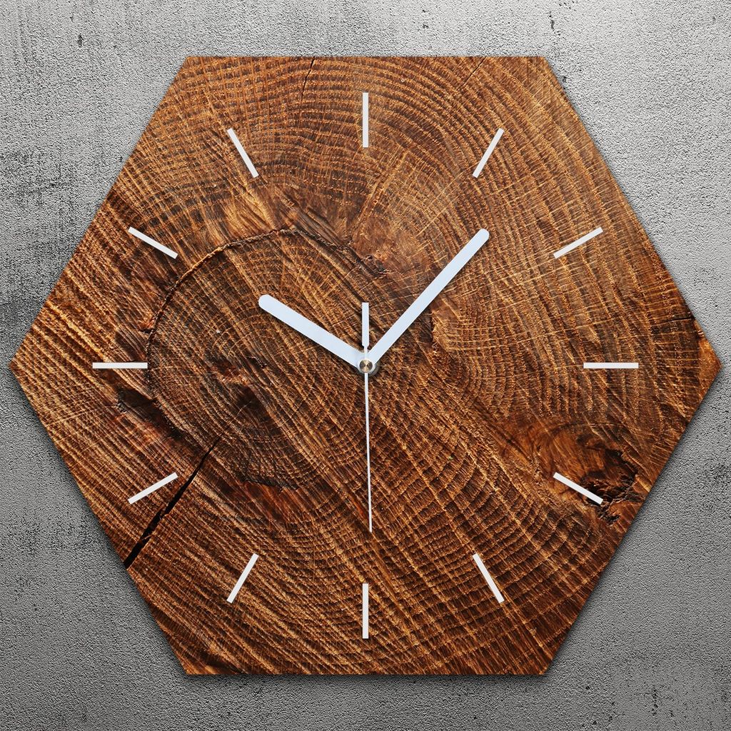 Uhr hexagonal 40 cm Glas Geräuschlos weiße Zeiger - Holz Stamm