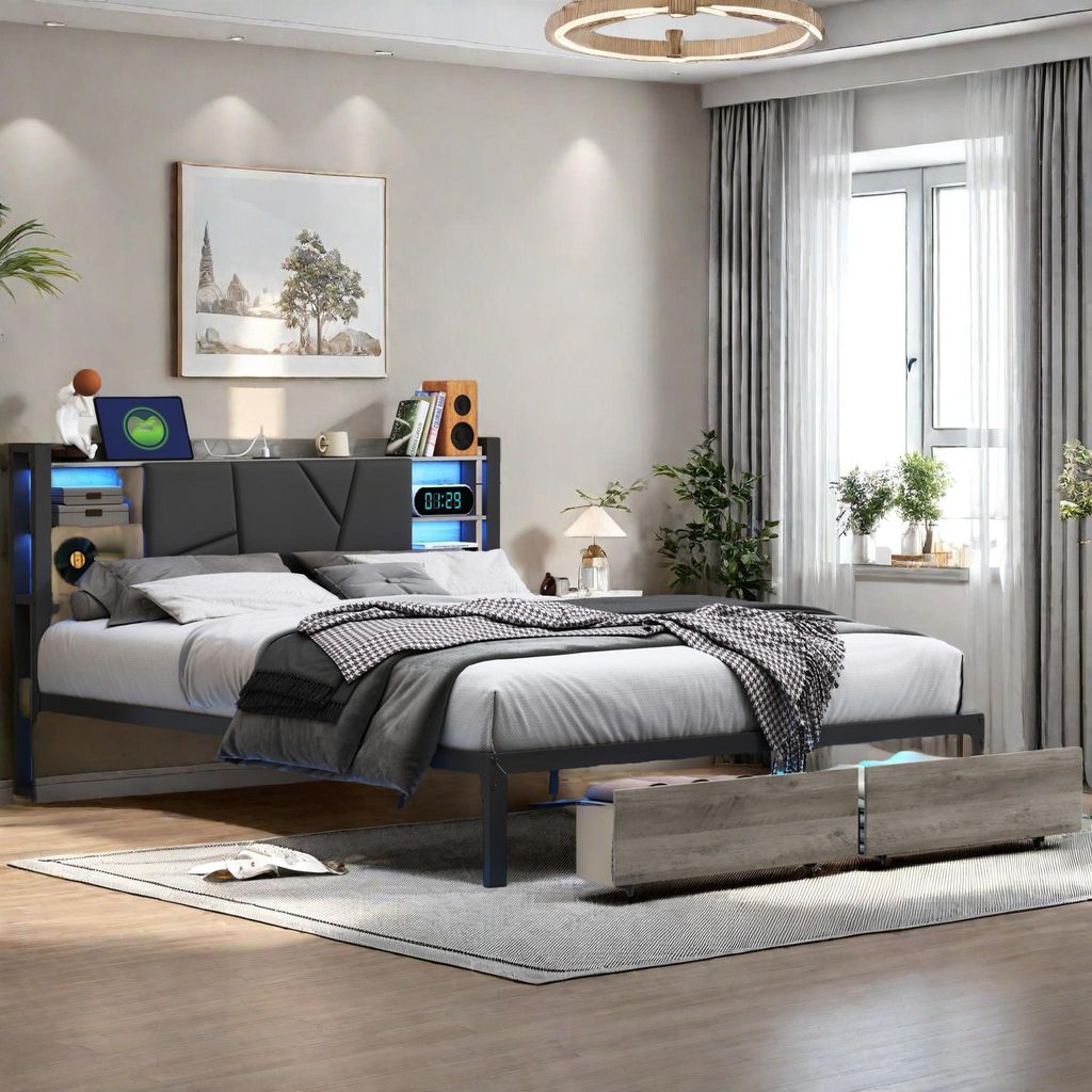 160 x 200 cm großes Bett aus Holz und Metall mit mehrfarbigen LEDs, gepolstertem Kopfteil mit PolyurethanBezug, 2 Schubladen, EU-Stecker und App-/...