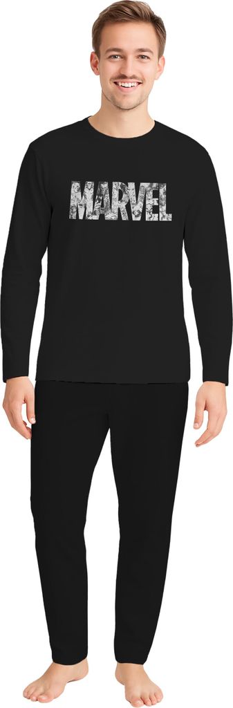 Marvel Schlafanzug für Herren - Pyjama Set Langarm Oberteil mit Hose Schwarz XL