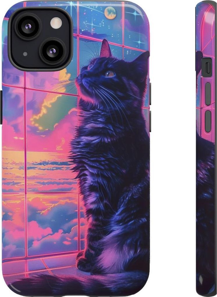 Lofi-Vaporwave-Katze vor Neonhimmel – Hülle Kompatibel mit iPhone 13