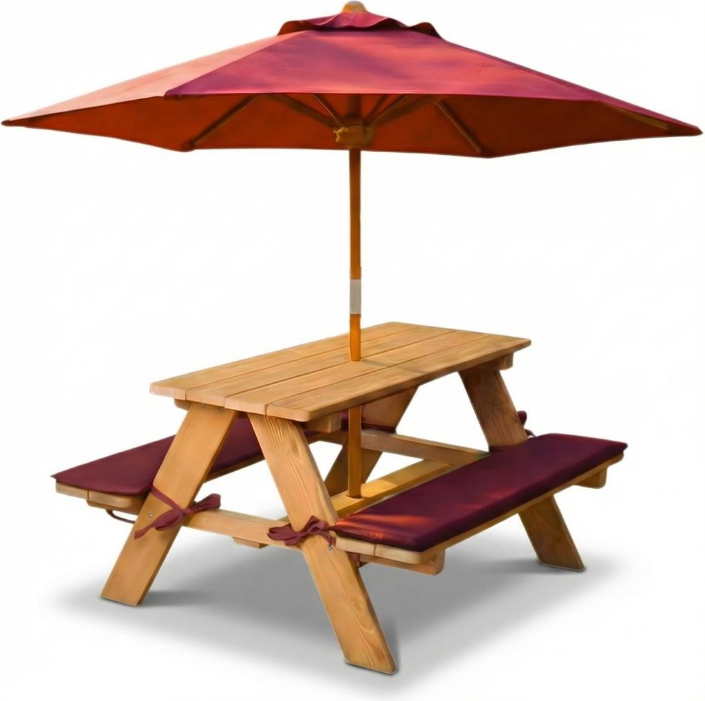 Coemo Kinder-Sitzgruppe Natur mit Schirm Picknicktisch mit Polster Spieltisch Gartentisch Holz