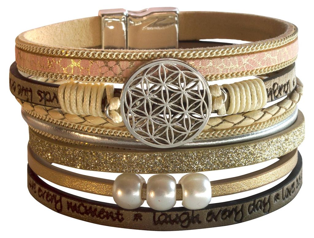 Armband "Blume des Lebens" Kunstleder beige, Metall silberfarben