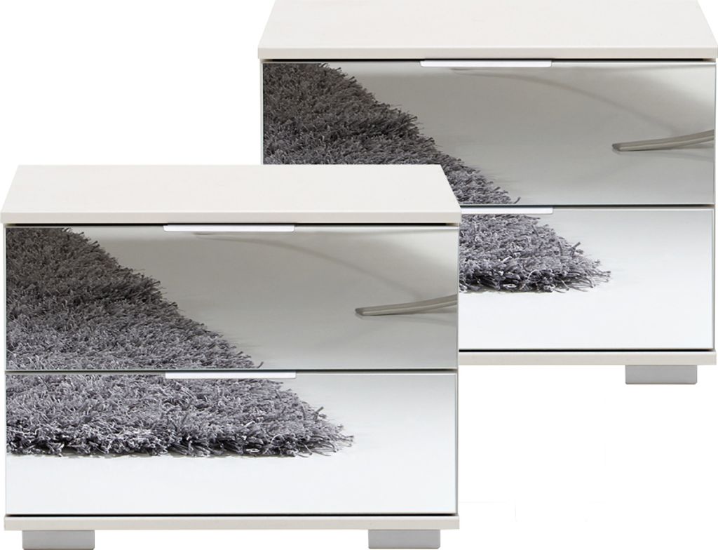 Schlafzimmer 2er Set Nachttisch Nachtschrank in weiß mit Spiegelfront ELSTRA-43, B/H/T ca. 52/40/38 cm