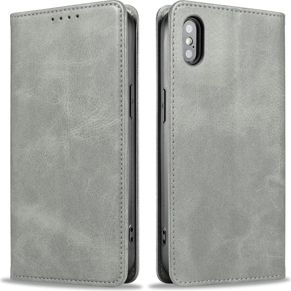 Handyhülle für Apple iPhone X / Xs Kunstleder Flip Cover Hülle Handytasche Case Kartenfach Farbe: Grau