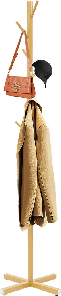 A gold coat rack with a handbag and a hat on it.