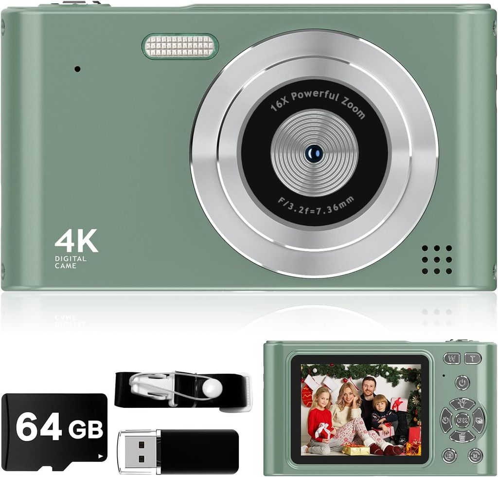 ZELURXX Digitalkamera, Kinderkamera 1080P, Vlog-Kamera mit 64GB-Karte, Trageband, 16-facher Zoom, Anti-Shake, 44 MP kompakte tragbare Grün
