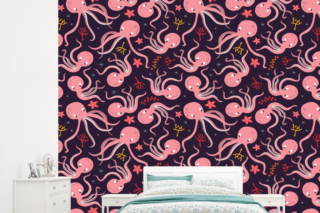 MuchoWow Fototapete für Wohnzimmer oder Schlafzimmer Wandtapete Vinyl Motivtapete Oktopus - Baby - Entwurf - 265x240 cm - Zimmer für Kinder