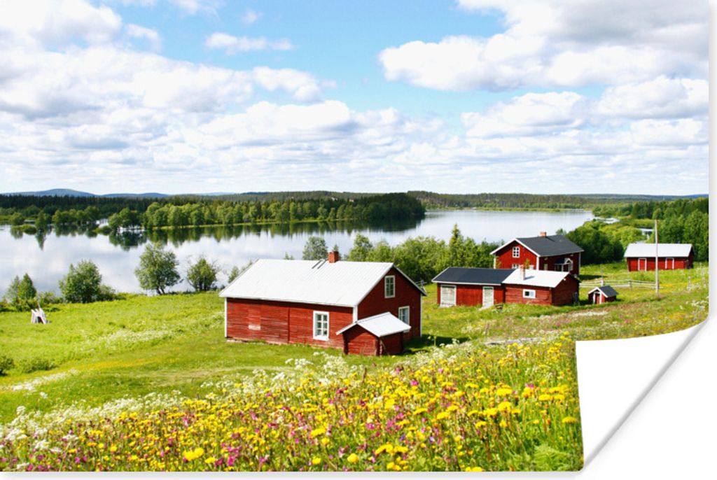 MuchoWow Poster Typische norwegische Häuser an einem Sommertag in Lappland 180x120 cm - Fotoplakat