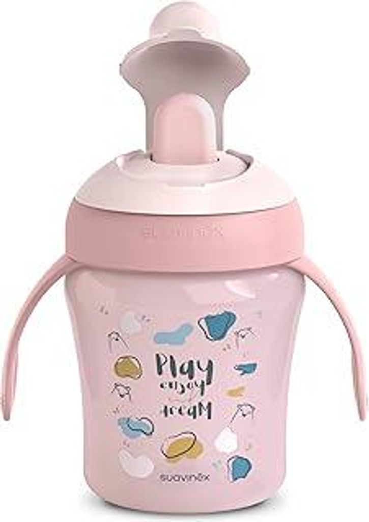 Suavinex, Learning Cup, Trinklernbecher, Auslaufsicherer Becher mit Trinkschnabel und ergonomischen Griffen, +6 Monate, 200 ml, Rosa, Bears