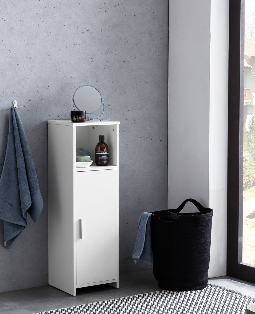 FineBuy Badschrank 30 x 95,5 x 30 cm Weiß Holz mit Tür und Ablagefach Kleiner Bad-Schrank Beistellschrank Stehend Badregal Schmal Freistehend