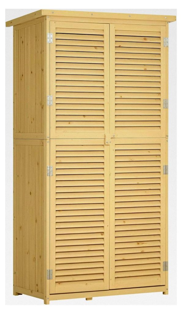 Gartenschrank aus Holz mit Asphaltdach und Lamellentüren, Gerätehaus mit 4 Fächern, Naturholz, 87 x 46,5 x 160 cm