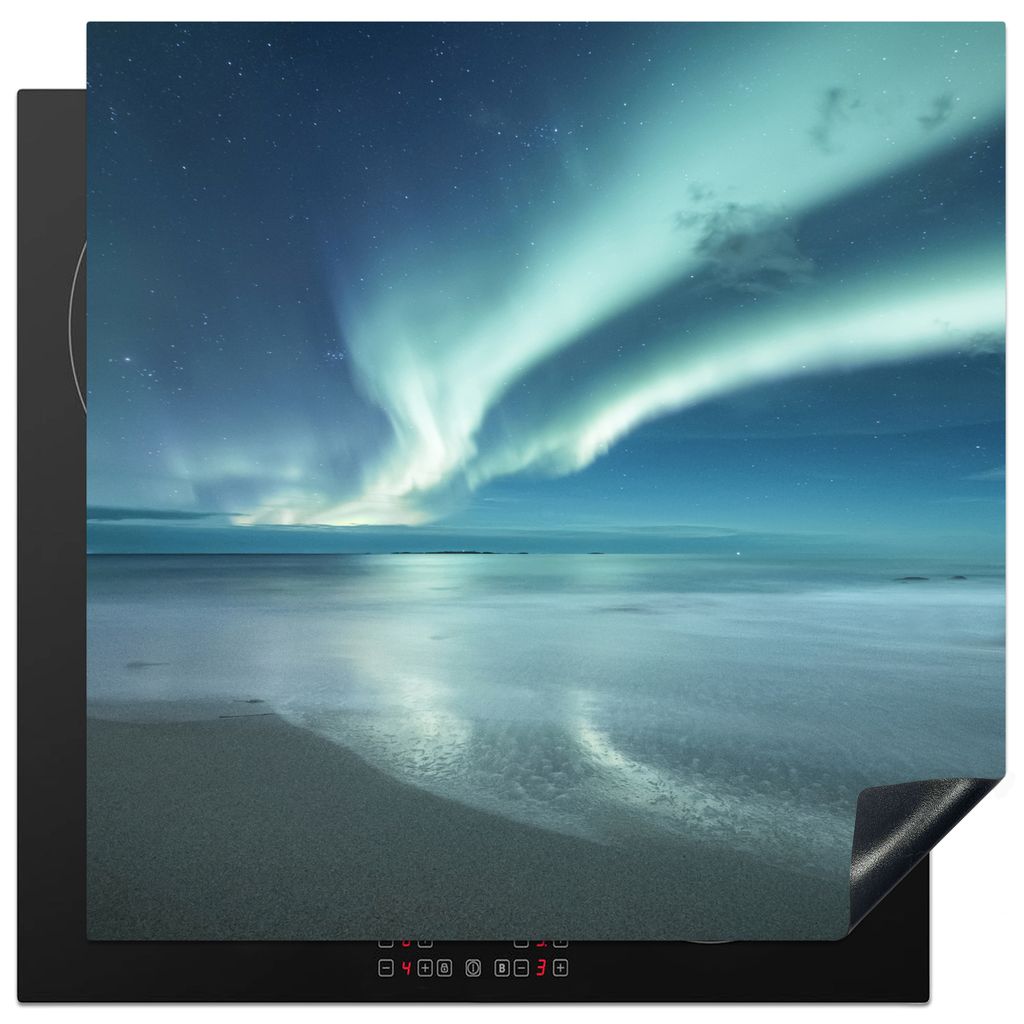 KitchenYeah Herdabdeckplatte Nordlicht - Strand - Polarlicht - Natur , 78x78cm, Küche Deko, Glaskeramikkochfeld Herdabdeckung, Abdeckplatte fùr...