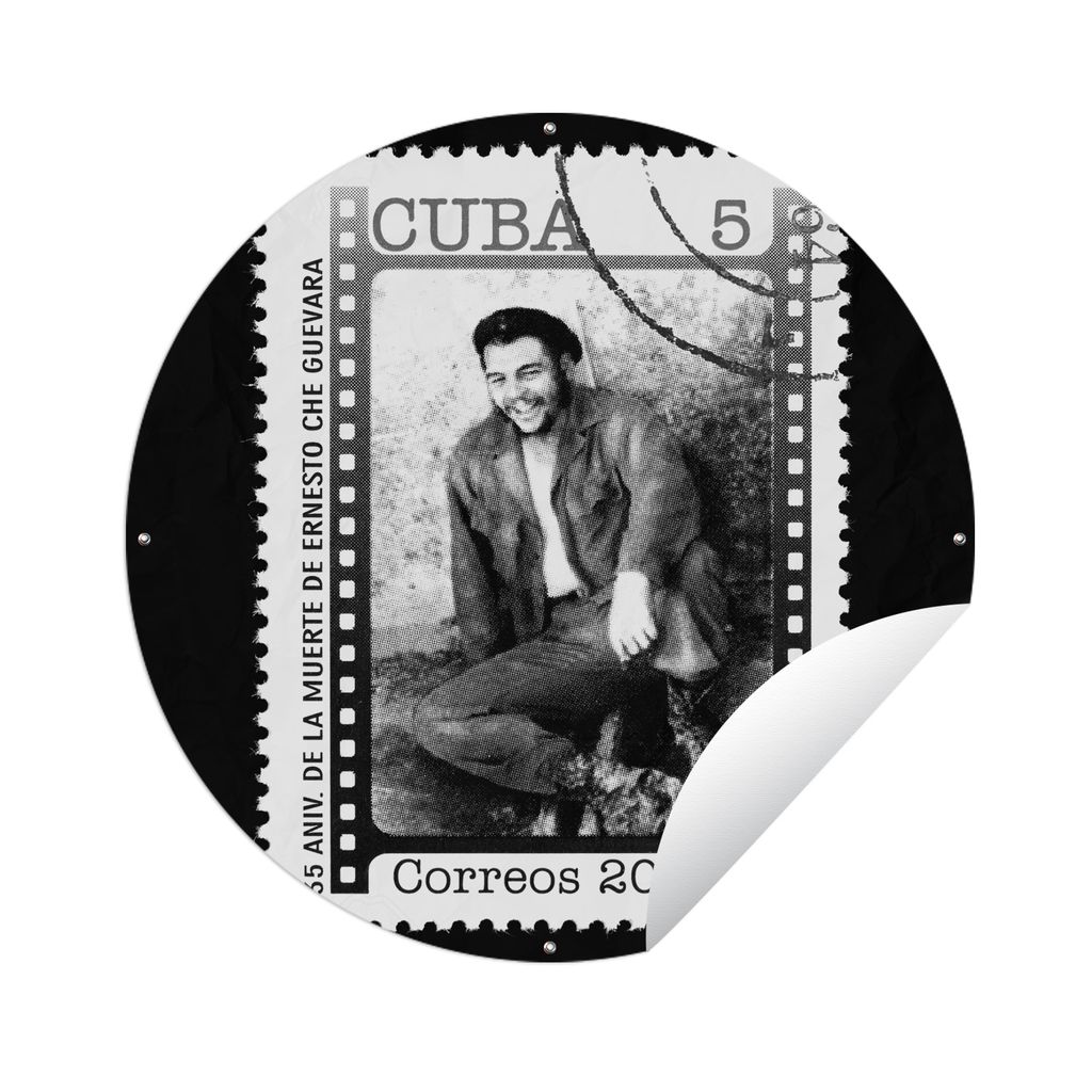 MuchoWow Gartenposter Outdoor-Poster Rund Briefmarke mit Che Guevara - schwarz und weiß Ø 120 cm Gartendeko Rundes Poster draußen