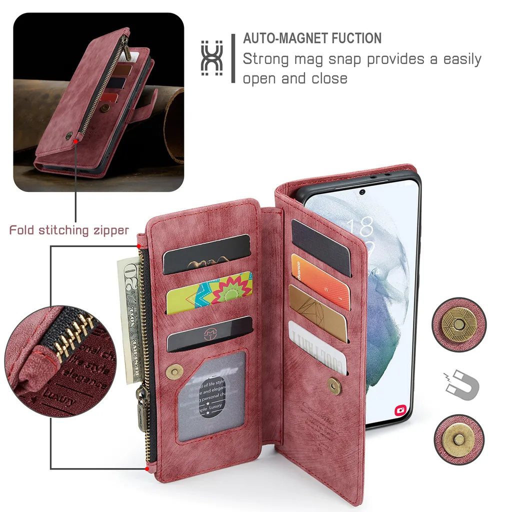 Galaxy S21 FE 5G custodia per telefono cellulare, chiusura a zip custodia in Finto cuoio flip cover chiusura magnetica porta carte funzione stand portafoglio custodia protettiva per Samsung Galaxy S21 FE 5G rosso - 3