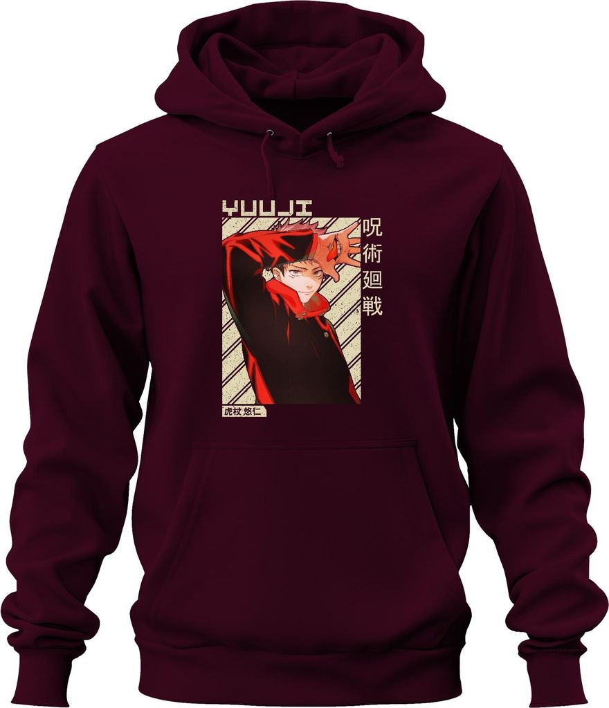 Yuji Itadori Jujutsu Kaisen Anime Fan Geschenk Rot Vintage Uni Hoodie Kapuzenpullover, Burgundy, XL