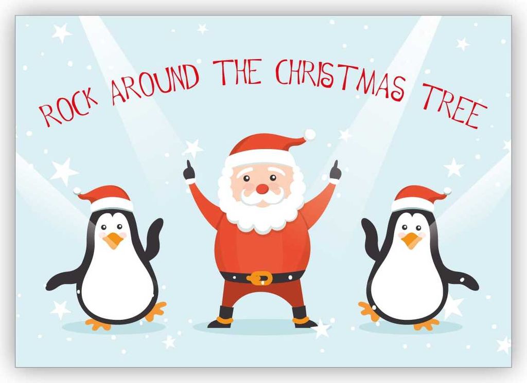 Lustige Weihnachtskarte mit tanzendem Santa und Pinguinen: Rock around the christmas tree