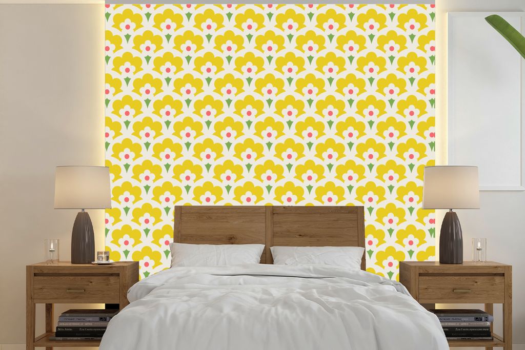 MuchoWow Fototapete für Wohnzimmer oder Schlafzimmer Wandtapete Vinyl Motivtapete Design - Retro - Siebziger Jahre - Gelb - 240x240 cm - Schlafz...
