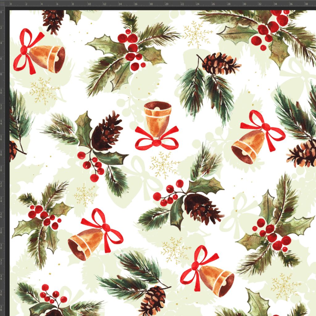 Jersey-Strick digitaler Druck Weihnachtsstechpalme mit Glöckchen auf grün