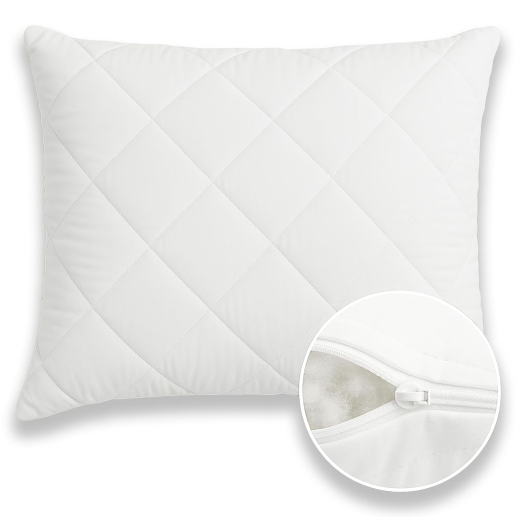 A white quilted pillow with a close-up view of a zipper revealing the filling.