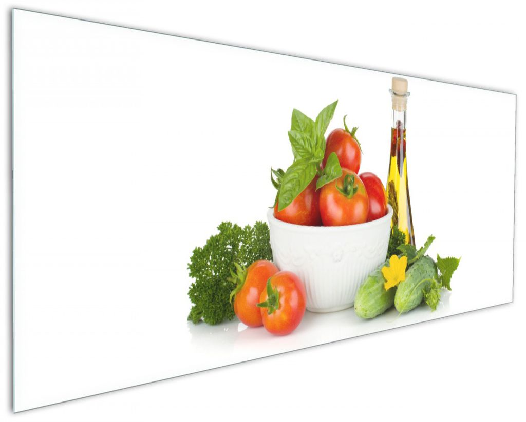 Wallario Küchenrückwand aus Glas, Größe: 125 x 50 cm, Motiv: Frische Salatzutaten mit Kräuter-Öl - Tomaten, Gurke, Petersilie | Spritzschutz ...