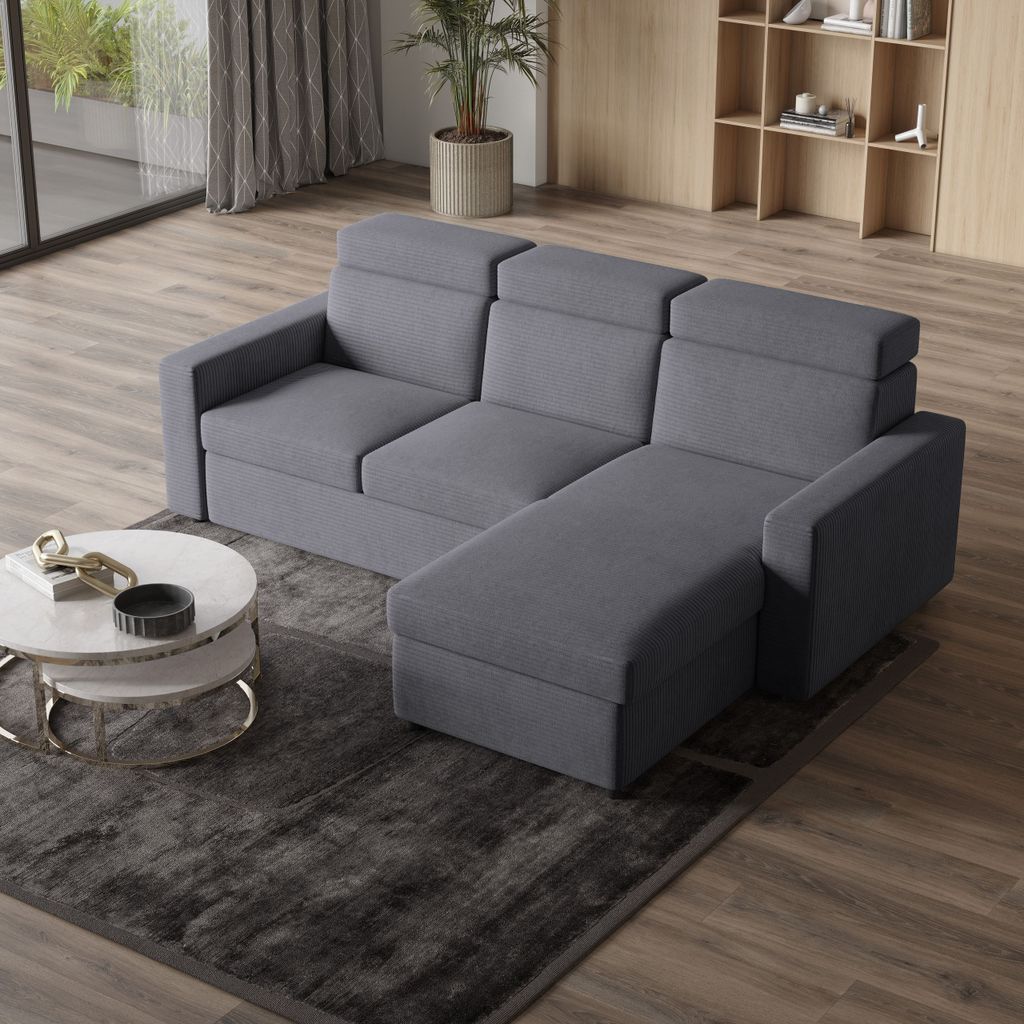 Masseno Ecksofa PADWA mit Schlaffunktion L-Form, Sofa mit Bettkasten, Wohnzimmersofa, Couch, Soffa, Bettsofa, Couchgarnitur- Grau, POSO 60