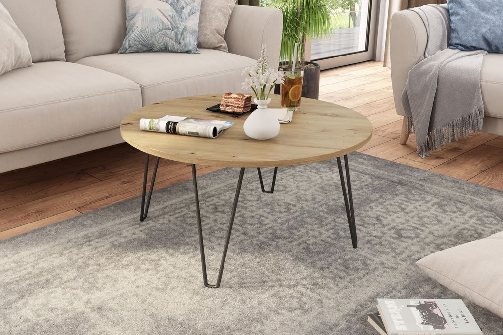 byLIVING Couchtisch FLAIR / Melamin Artisan Eiche, Metall schwarz / D 80, H 40 cm