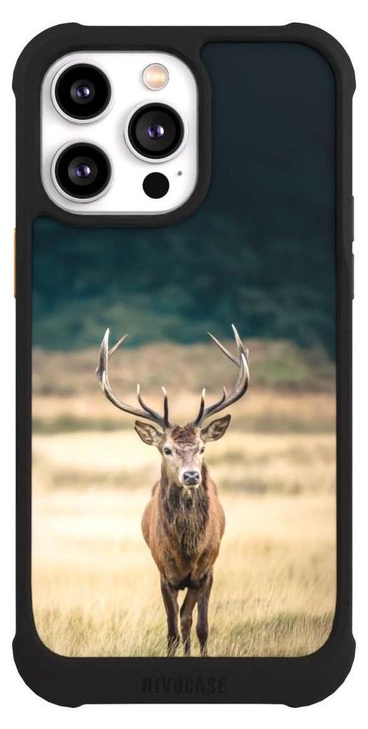 NIVOCASE Hülle für Apple iPhone 14 Pro Max Stoßfeste Handyhülle NIVOmax Case Schwarz Hirsch Wald Wiese