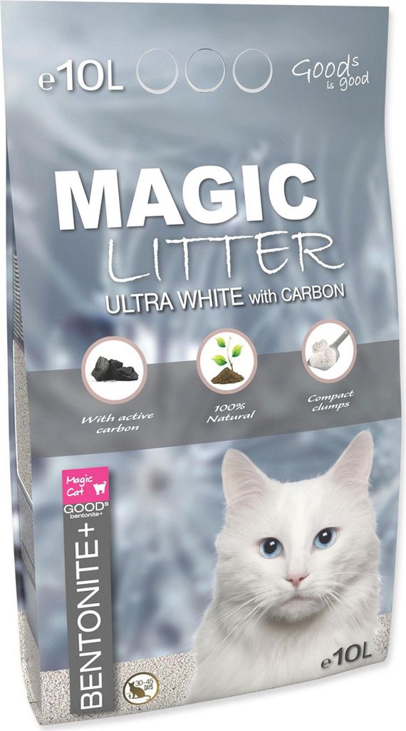 A bag of cat litter with a picture of a white cat on it.