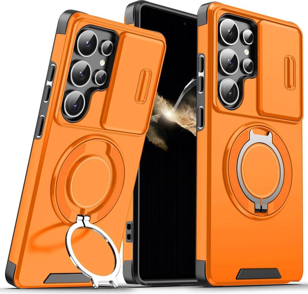 Handyhülle für Samsung Galaxy S25 Ultra Dual-Layer Stoßfest Militär Hülle mit Dia Kameraschutz und Magnetisch Ring Ständer Orange
