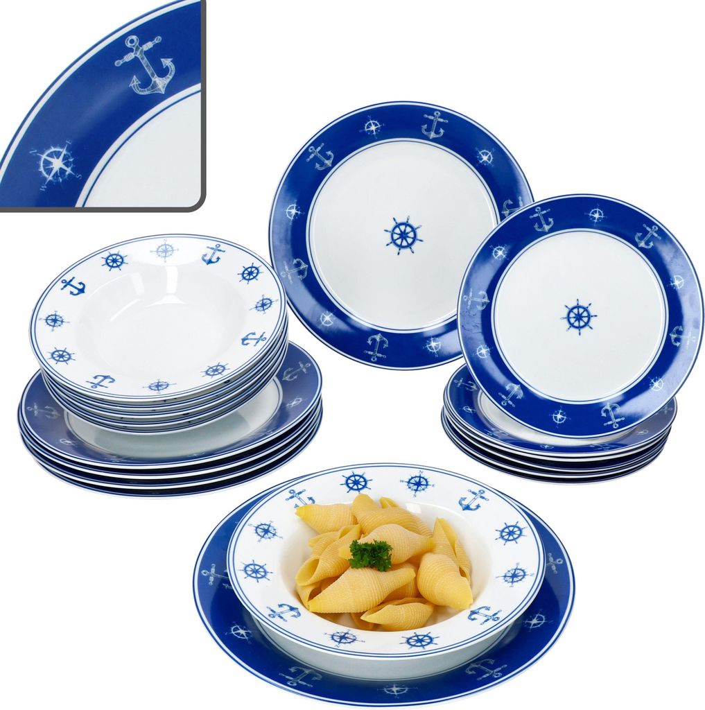 Ahoy 18dílná sada talířů porcelánový modrobílý talíř s Obrázek produktu 