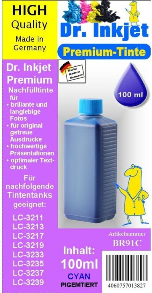 BR91C - Cyan - Dr.Inkjet Premium Nachfülltinte kompatibel für Brother, 100 ml - Druckerpatronen für LC-421, LC-422 & LC-3211 bis LC-3239