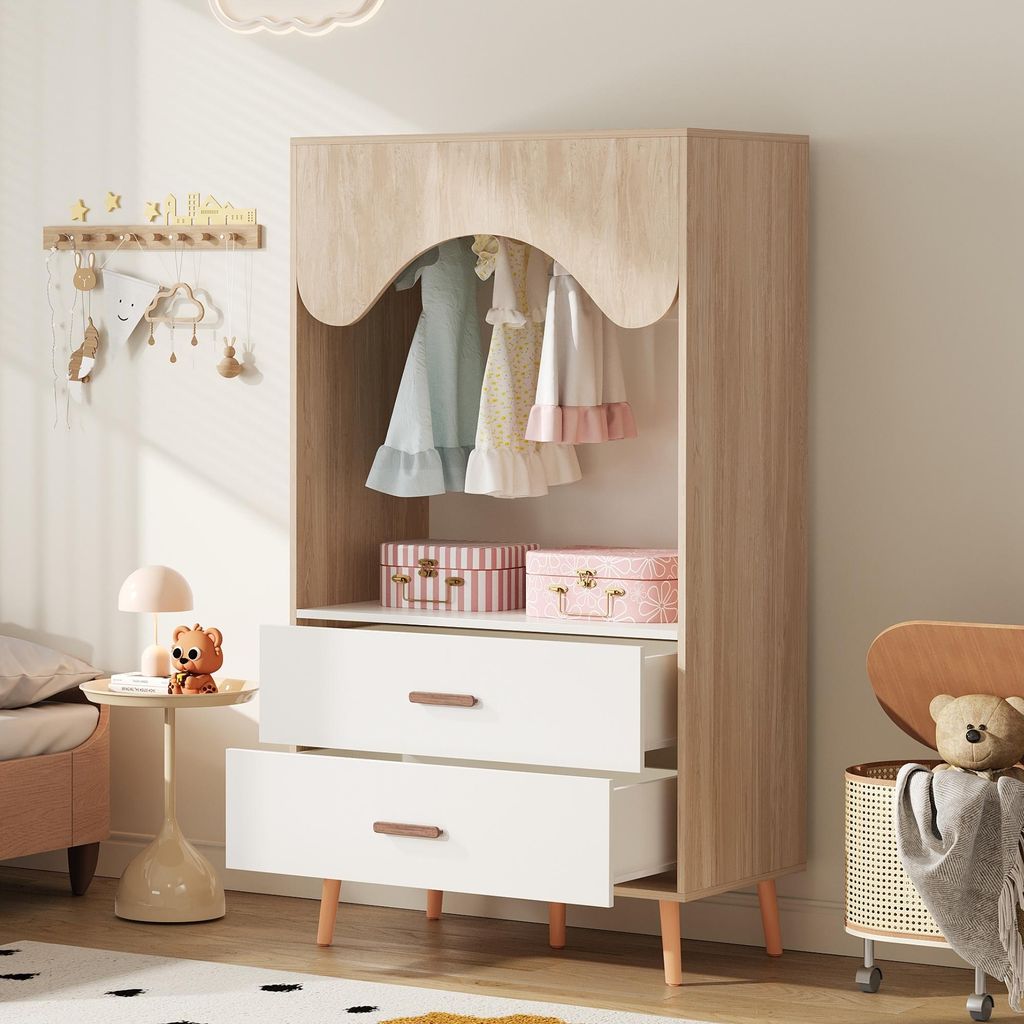 Merax Kindergarderobe Holz mit Kleiderstange & Schubladen, Offene Kleiderschrank, Standgarderobe, Kinderzimmer Möbel, 80×46×141,5 cm, Weiß/Natur