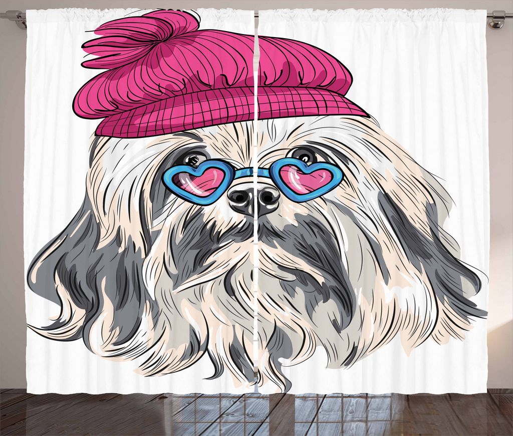 ABAKUHAUS Indie Rustikaler Gardine, Lowchen Hundegläser Hut, Schlafzimmer Kräuselband Vorhang mit Schlaufen und Haken, 280 x 225 cm, Grau Pink Blau