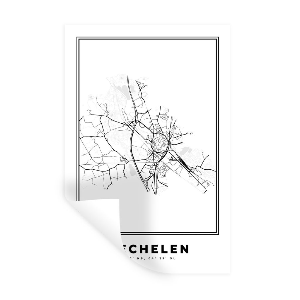 MuchoWow Wandtattoo Wandsticker Wandaufkleber Belgien - Mechelen - Stadtplan - Karte - Schwarz und weiß - Karte 20x30 cm Selbstklebend und Repos...
