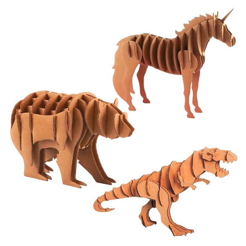 3 Modelle aus Pappe - Tyrannosaurus, Einhorn, Bär