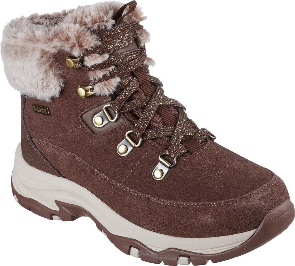 A single brown winter boot with fur trim.
