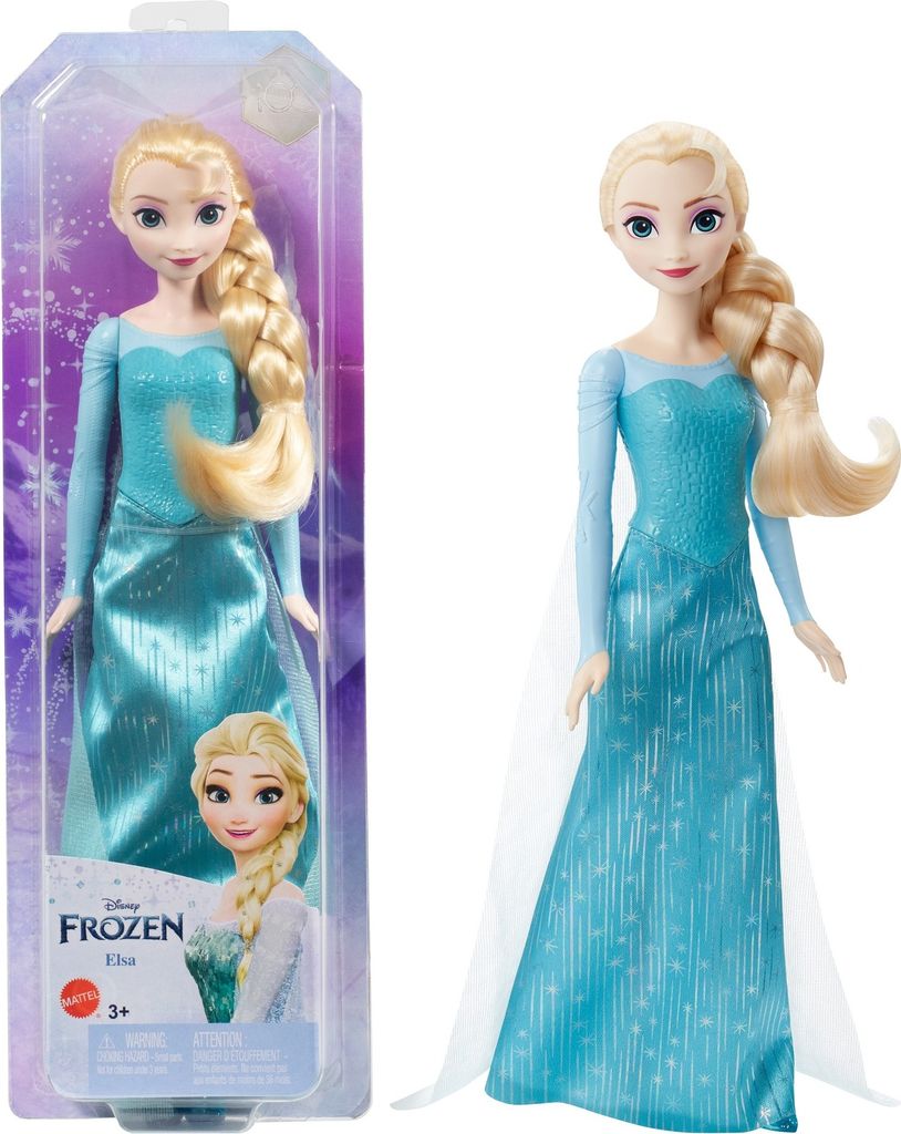 A doll of Elsa from Disney's Frozen franchise, shown both in its packaging and displayed outside of it.