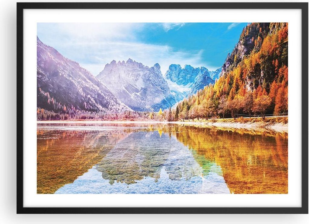 Gerahmtes Poster - Schwarzer Rahmen - Herbst Landschaft Berge - 70x50 cm - Wand Bild - Wanddeko - Wandbilder - Kunstposter - Wandposter - Bilderrah...