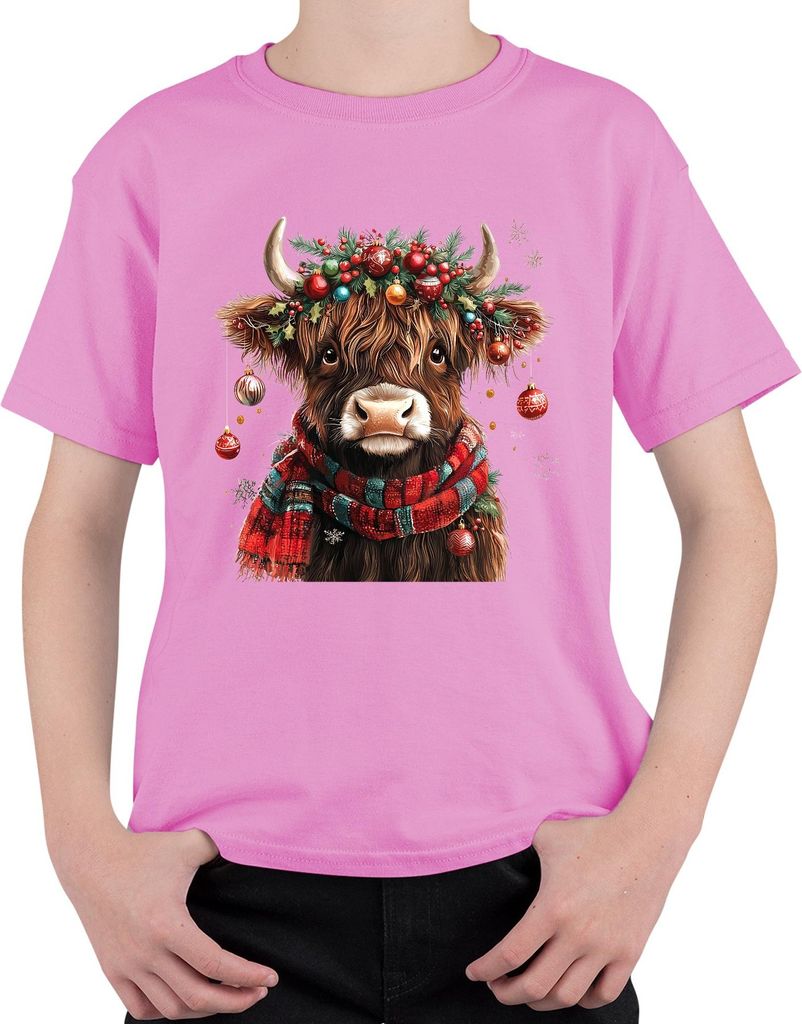 Schottische Hochlandkuh Weihnachten festlich Bauernhof Geschenk Uni Kinder T-Shirt, Pink, 140