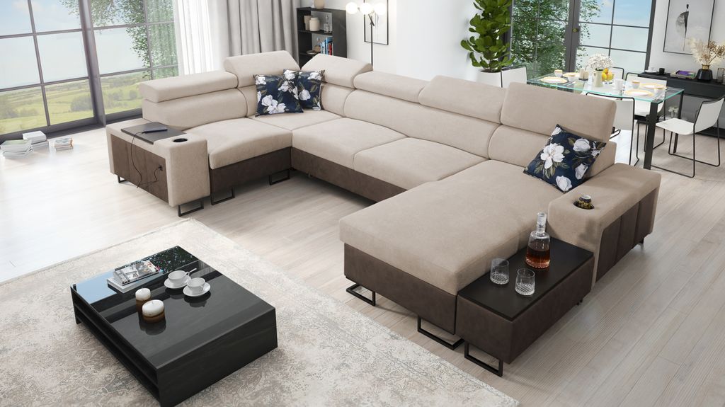 Kaiser Möbel Großes Ecksofa,Schlaffunktion MELODY IV MINI Tauro/Freya Braun/Dunkelbeige Rechts