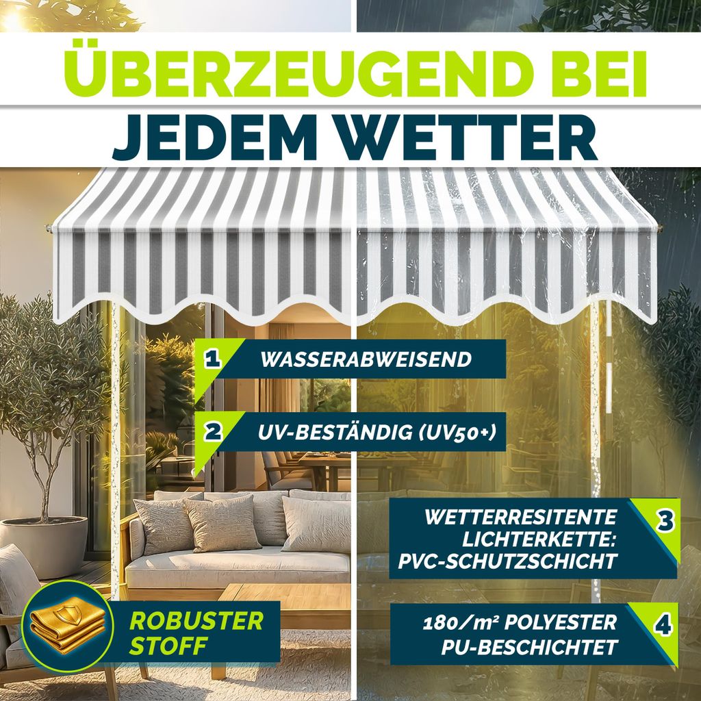 tillvex Klemmmarkise 300 cm Grau/Wei mit Solar LED mit