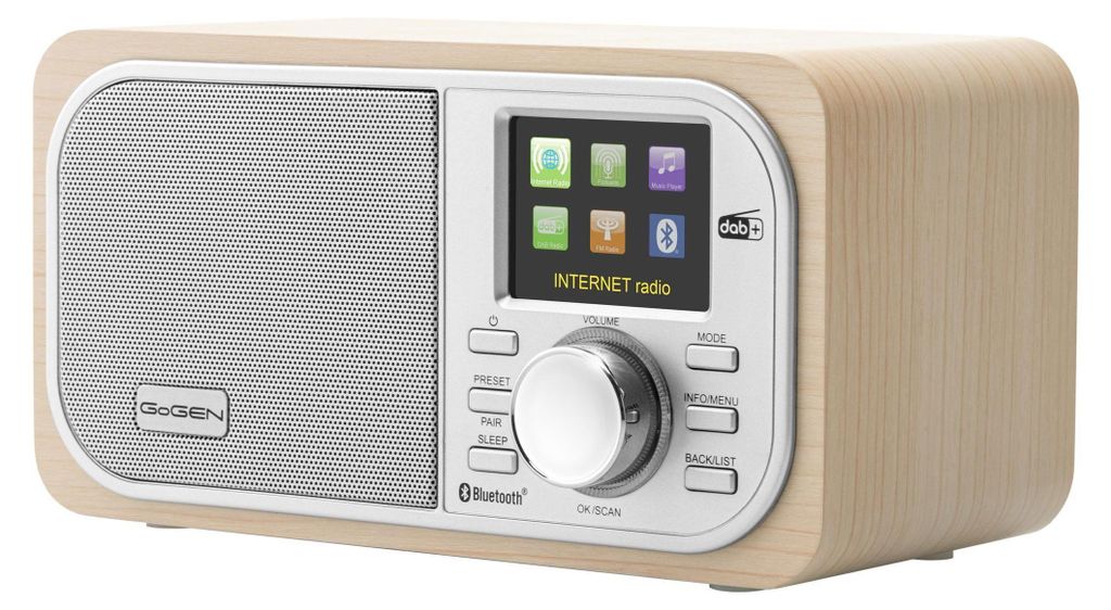 A digital radio with a wooden casing and a color screen.