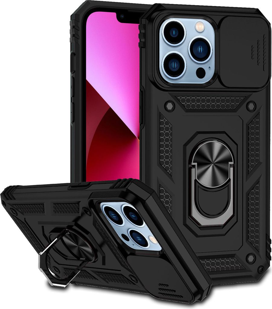 iPhone 14 Pro Max Hülle mit Schiebe Kamera Schutz und Ringhalter Ständer Robust Rüstung Schutzhülle für iPhone 14 Pro Max Schwarz