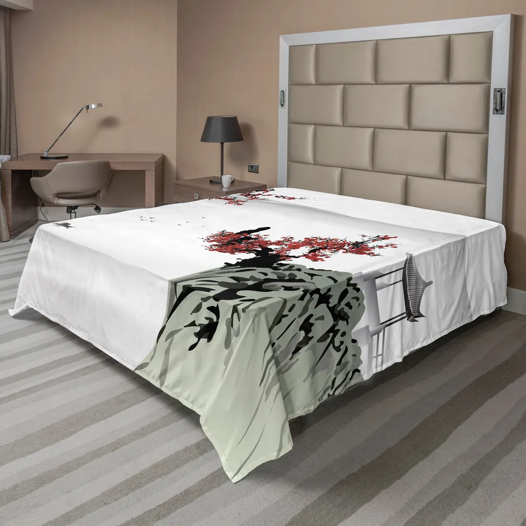Drap Plat Décoratif Motif Asiatique et Fleurs de Cerisier 266x260 cm